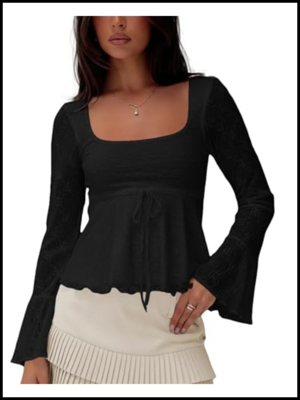 Y2K Floral Lace Babydoll Top Long Sleeve Square Neck Ruffle Peplum Blouse